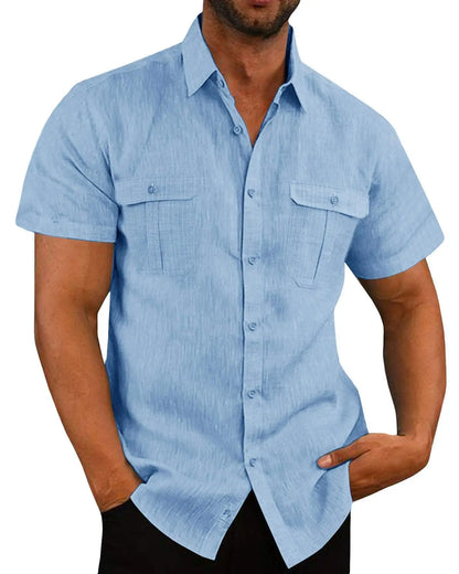 Cotton Linen Men Short-Sleeved Shirts Summer Solid Color Stand-Up Collar Casual SELL with BUY