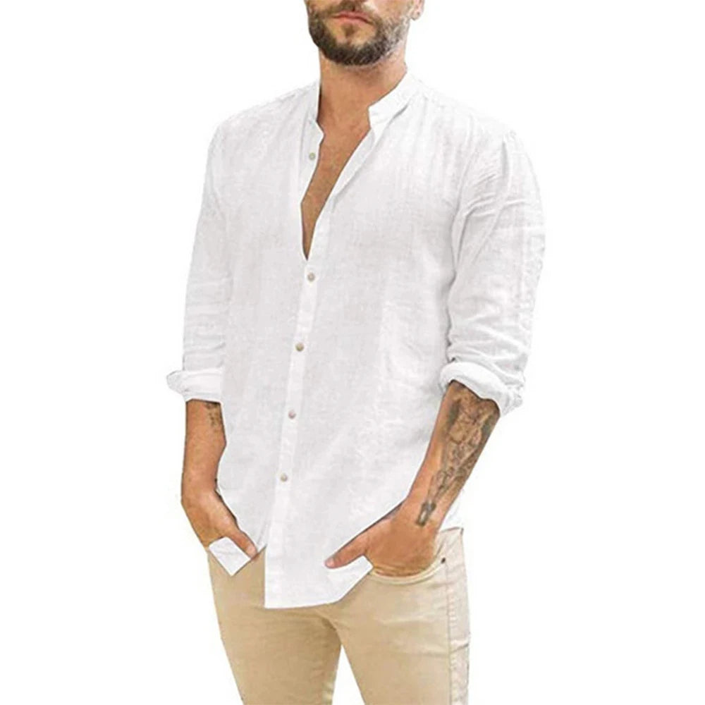 Cotton Linen Men's Long-Sleeved Shirts Summer Solid Color Stand-Up Collar SELL with BUY