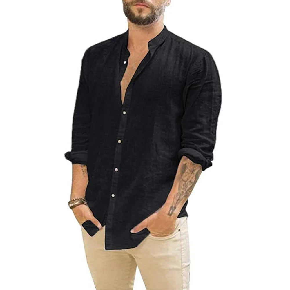 Cotton Linen Men's Long-Sleeved Shirts Summer Solid Color Stand-Up Collar SELL with BUY