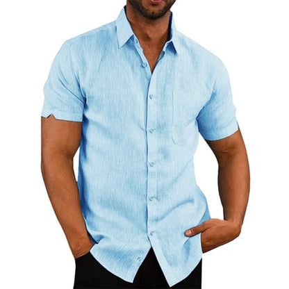 Cotton Linen Men's Short-Sleeved Shirts Summer Solid Color Turn-down collar Casual Beach Style SELL with BUY