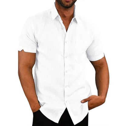 Cotton Linen Men's Short-Sleeved Shirts Summer Solid Color Turn-down collar Casual Beach Style SELL with BUY