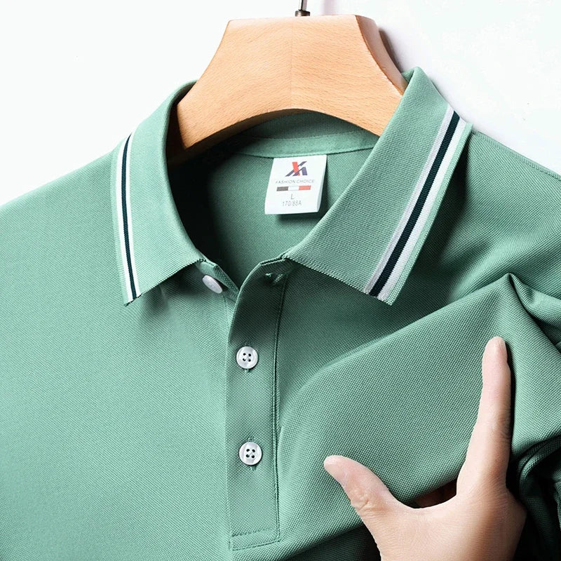 Men's Fashion Solid Short Sleeved Striped Lapel Polo Shirt Summer Breathable Comfortable Top SELL with BUY