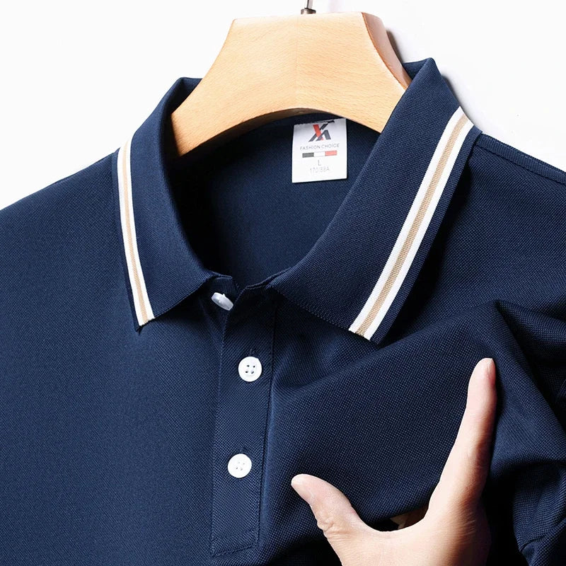 Men's Fashion Solid Short Sleeved Striped Lapel Polo Shirt Summer Breathable Comfortable Top SELL with BUY