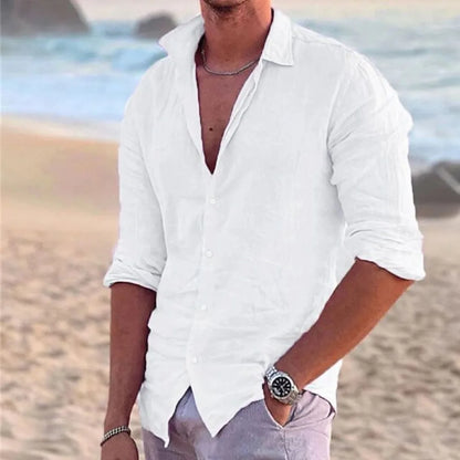 Men's Shirt Cotton linen Fashion Casual Polo Neck Beach Shirt Long Sleeve Solid Hawaiian Holiday Shirts SELL with BUY