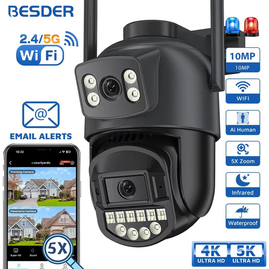 5K 10MP Wifi Camera PTZ Outdoor AI Human Detection Dual Screen 4K 8MP CCTV Security IP Camera Audio Email Alarm