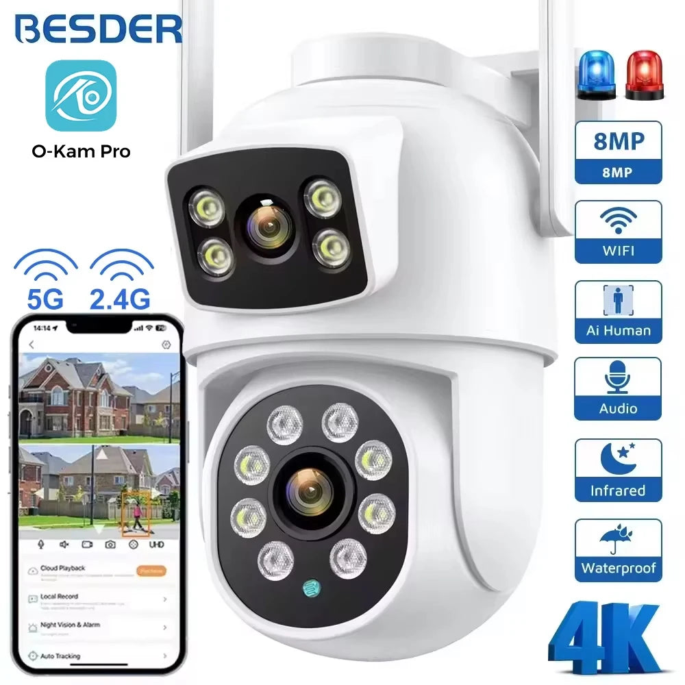 4K 8MP Wifi Camera PTZ Outdoor Dual Screen Human Detection Dual Lenses 10MP Security Protection IP Camera Audio O-Kam Pro